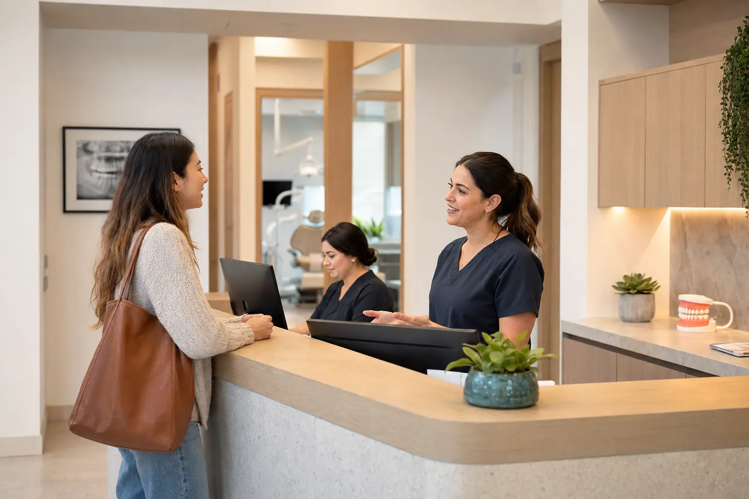 A patient speaking with a coordinator at a dental practice front desk